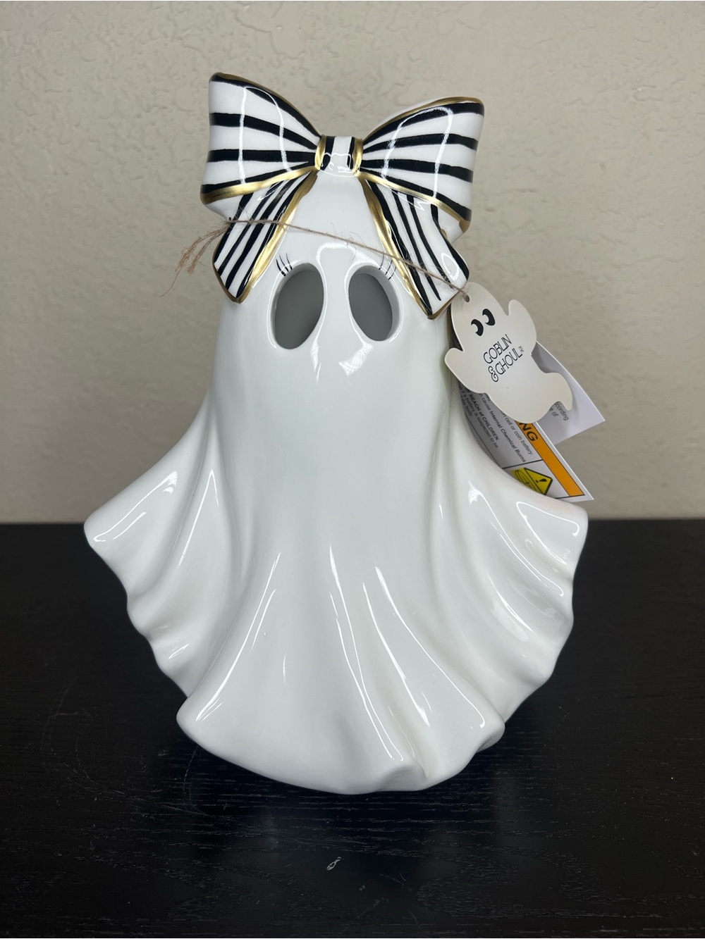 NEW Goblin & Ghoul 10” Light Up Ceramic Ghost with Striped Bow Decor